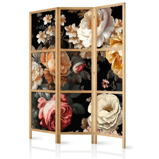 Japanese Room Divider - Floristry in Vintage Style - Huge Colorful Flowers on a Black Background