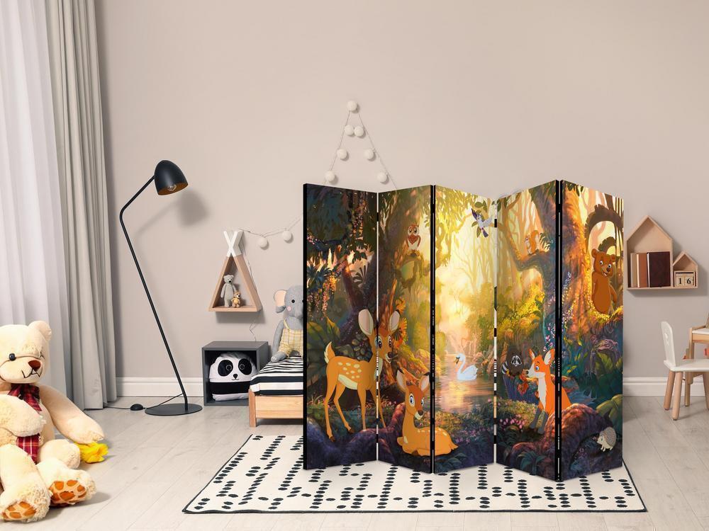 Room Divider - Animals in the Forest II- A 5 Panel Folding Screen For Living rooms, bedrooms or home office, decorative folding screen made with wood and canvas