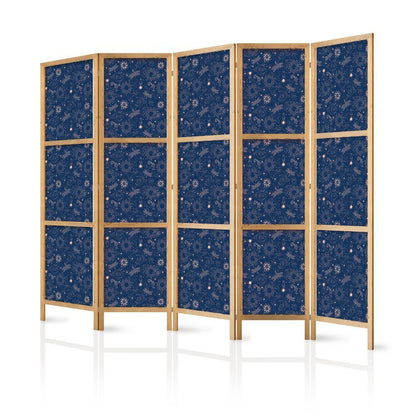 Japanese Room Divider - Cosmic Fantasy - Pattern with Suns - Moons - and Dragonflies on a Dark Background