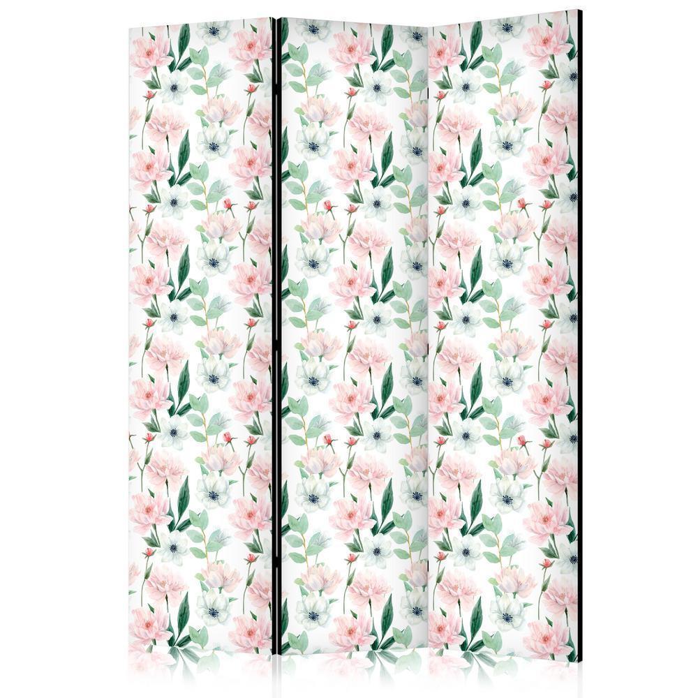 Room Divider - Peonies - Pink and White Flowers and Green Leaves on a White Background