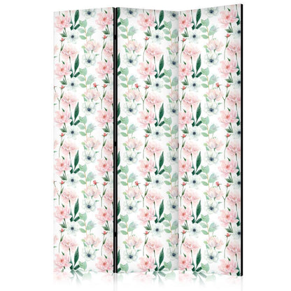 Room Divider - Peonies - Pink and White Flowers and Green Leaves on a White Background