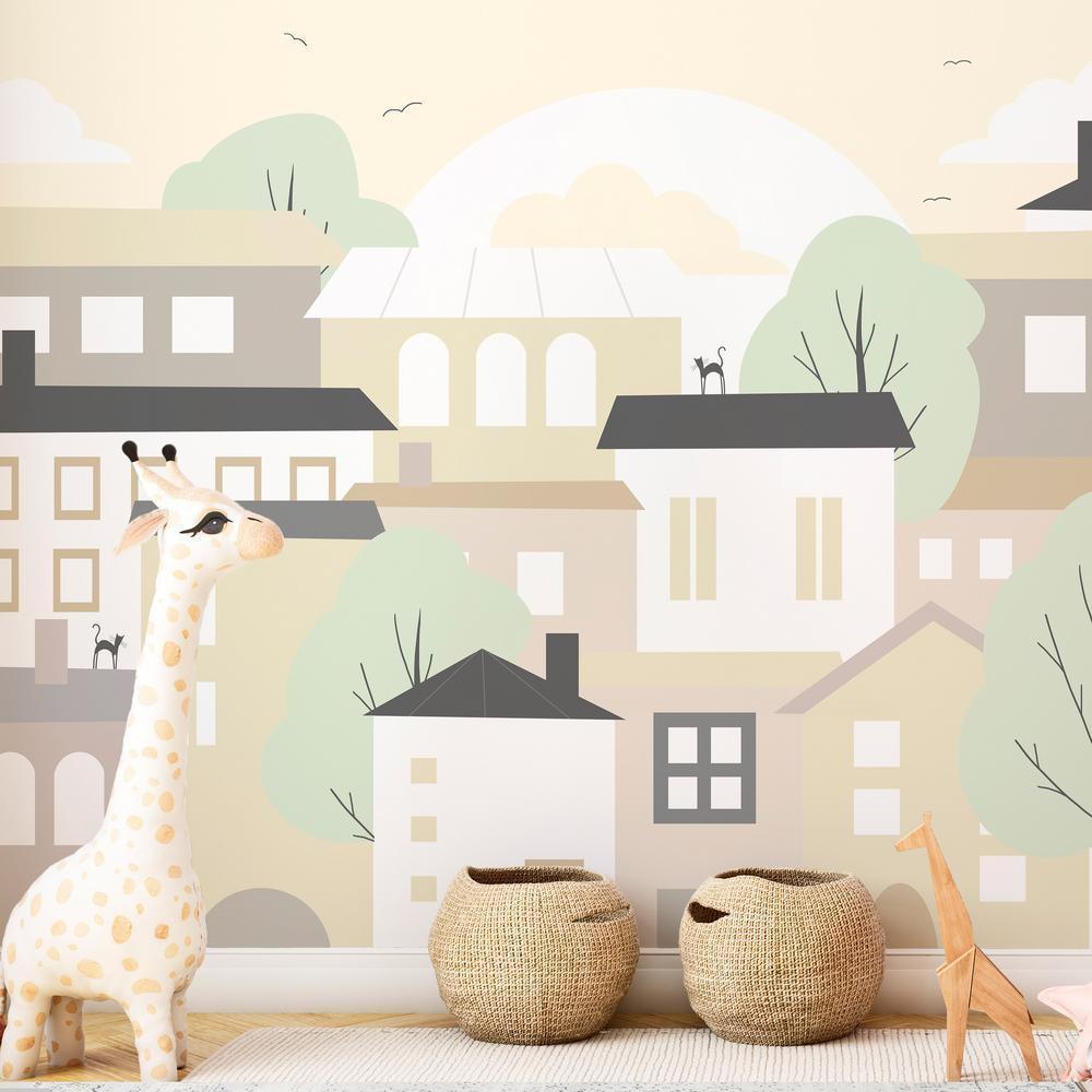 Wall Mural - Yellow town - city suburb with trees and cats for children-Wall Murals-ArtfulPrivacy