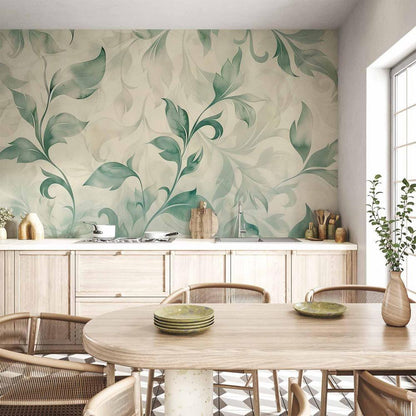 Wall Mural - Watercolor Botanical Motif Delicate Green-Beige Leaves