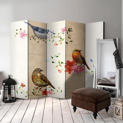 Room Divider - Bird Song II- A 5 Panel Folding Screen For Living rooms, bedrooms or home office, decorative folding screen made with wood and canvas