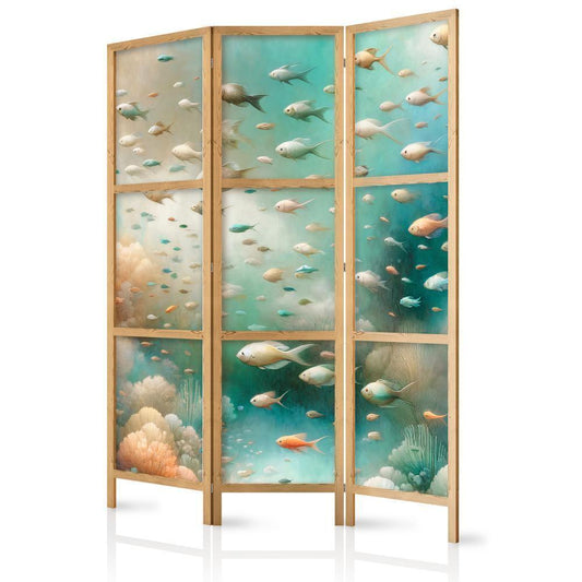 Japanese Room Divider - Spectacular Underwater Landscape - Fish in the Underwater World in Colors of Turquoise Blue Beige and Delicate Orange