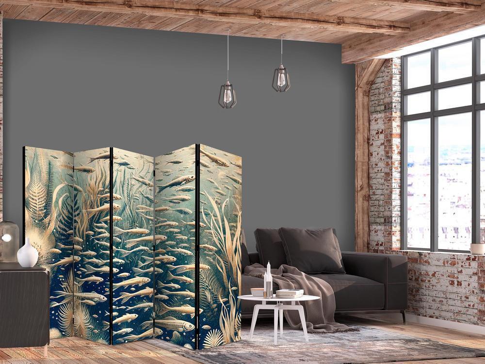 Room Divider - Life in The Ocean - Underwater World of Fish And Vegetation in Beige And Navy Colors in Retro Style- A 5 Panel Folding Screen For Living rooms, bedrooms or home office, decorative folding screen made with wood and canvas