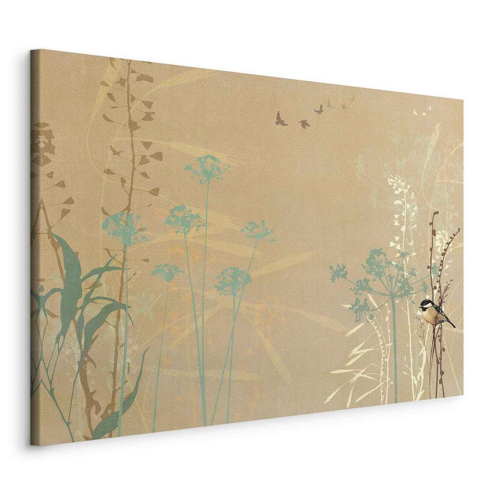 Canvas Print - Tiny Bird - Colorful Grasses in Golden Shades of Sunset