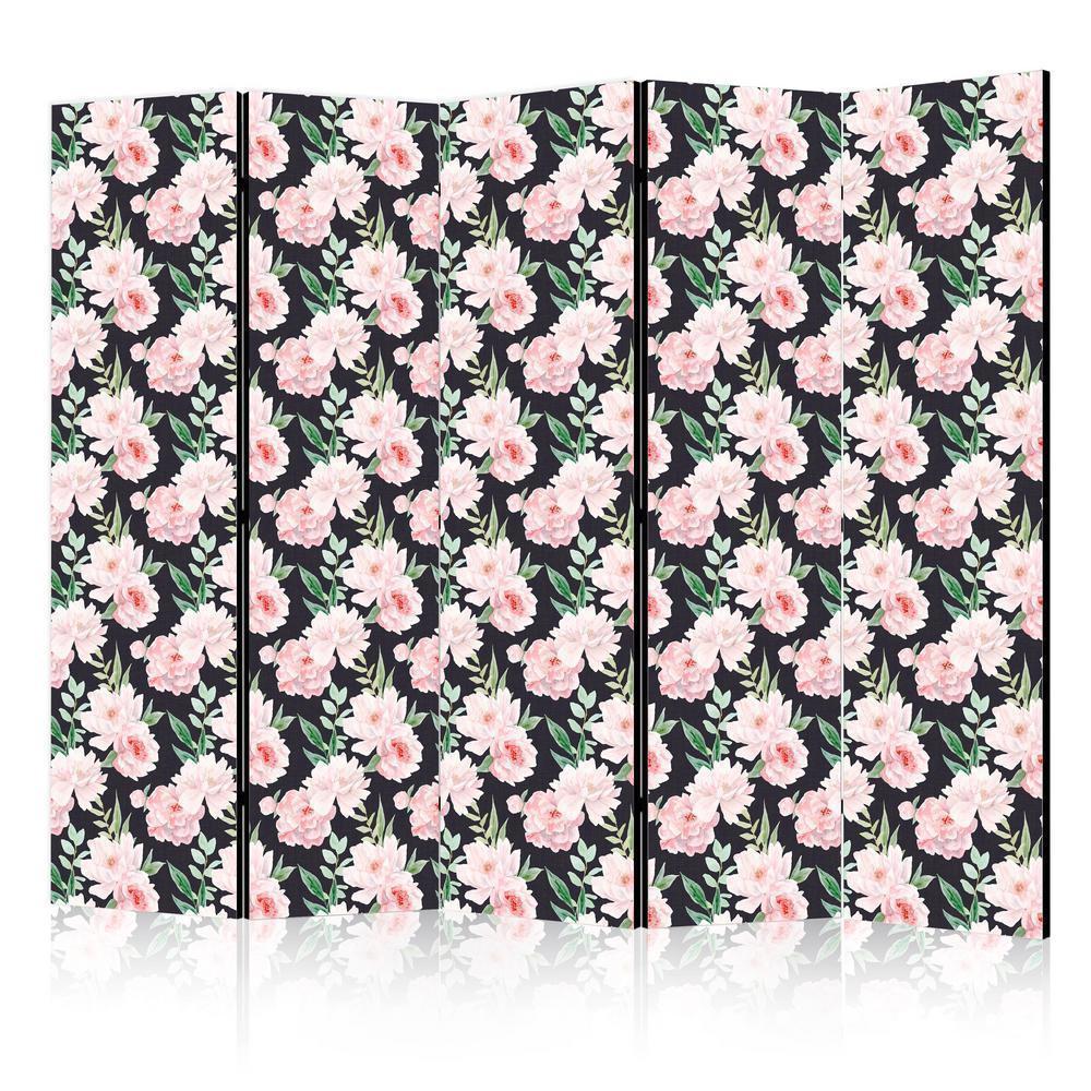 Room Divider - Peonies - Pink Flowers and Green Leaves on a Graphite Background- A 5 Panel Folding Screen For Living rooms, bedrooms or home office, decorative folding screen made with wood and canvas