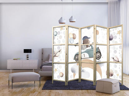 Japanese Room Divider - Galactic Races - Bear participating in car races among planets - clouds - and stars in pastel colors