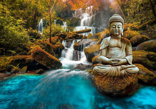Wall Mural - Orient - landscape with Buddha sculpture on a background of a waterfall and exotic forest-Wall Murals-ArtfulPrivacy
