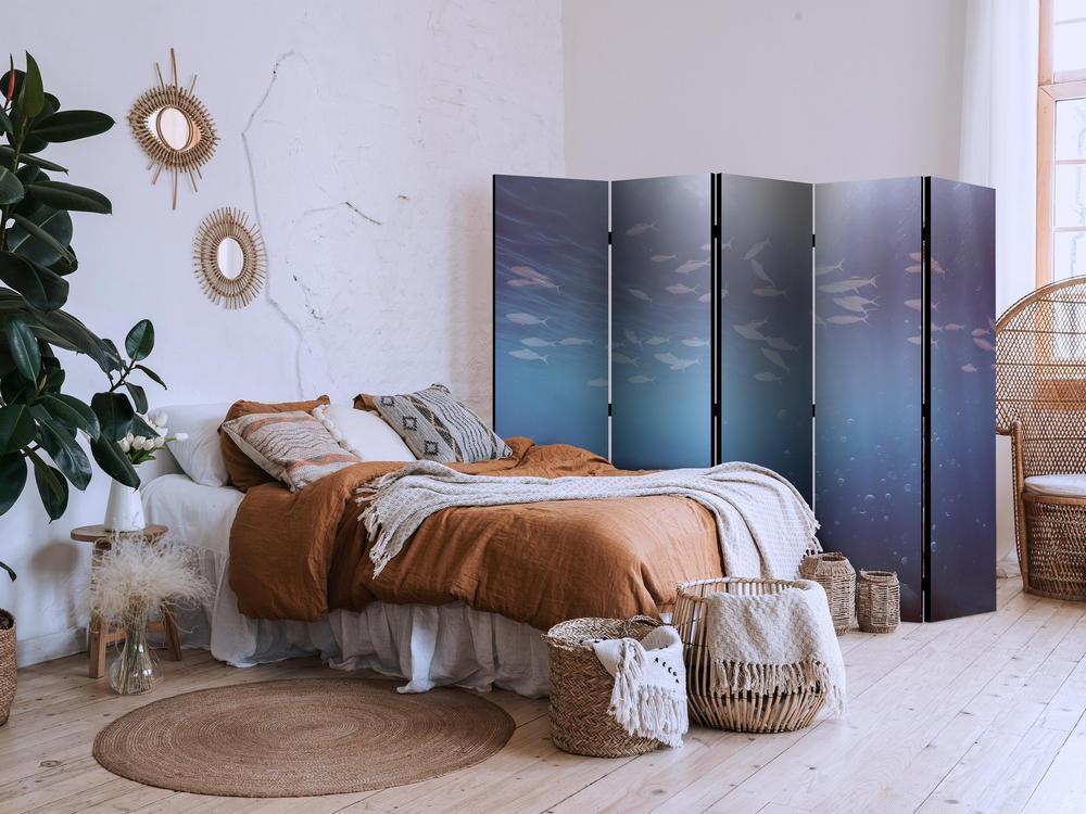 Room Divider - School of Small Fish - Illuminated Oceanic Depth in Shades of Navy Purple and Gray with a Shoal of Tiny Fish- A 5 Panel Folding Screen For Living rooms, bedrooms or home office, decorative folding screen made with wood and canvas