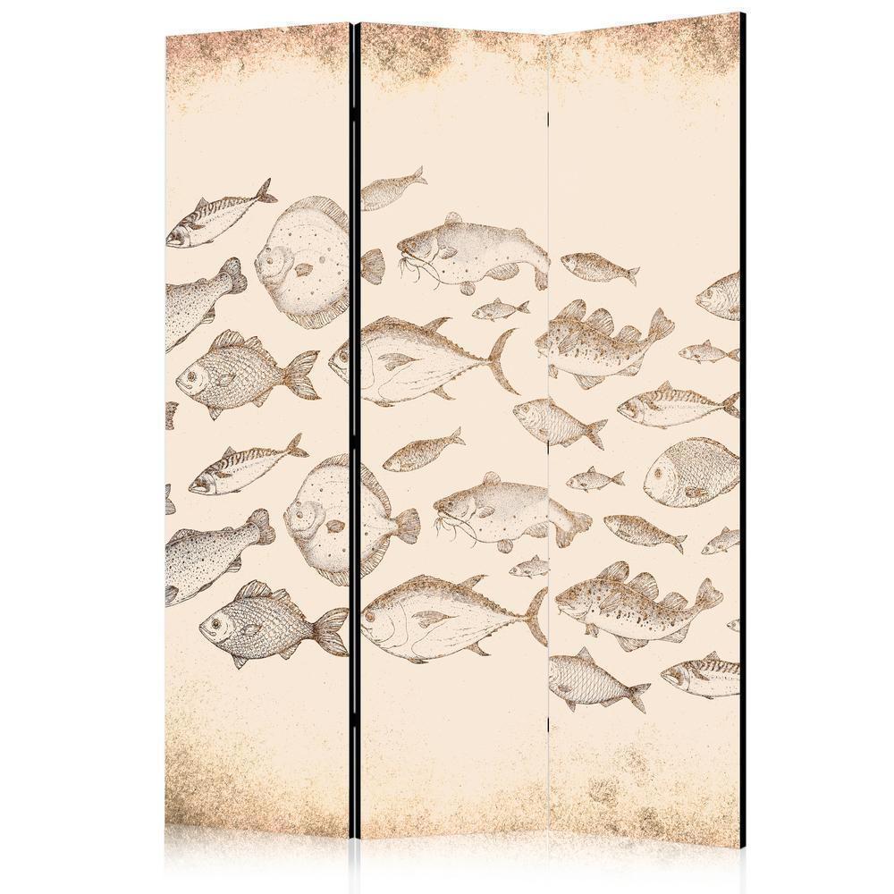 Room Divider - Sketch of a Fish School - Sketches of Various Fish Species Swimming in a School on a Beige Background in Vintage Style