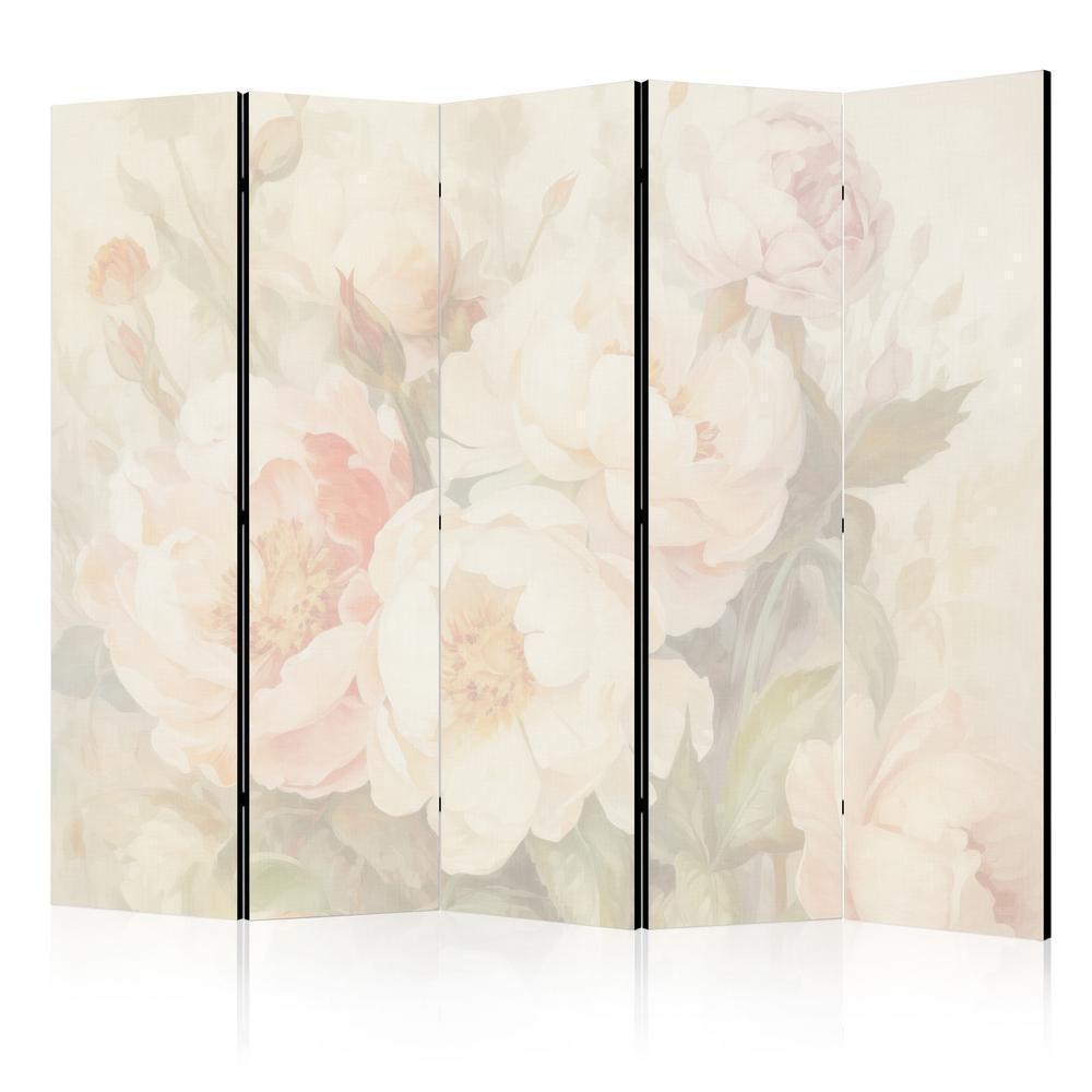 Room Divider - Blooming Peonies - Bright Large Flowers Enveloped in White Mist- A 5 Panel Folding Screen For Living rooms, bedrooms or home office, decorative folding screen made with wood and canvas