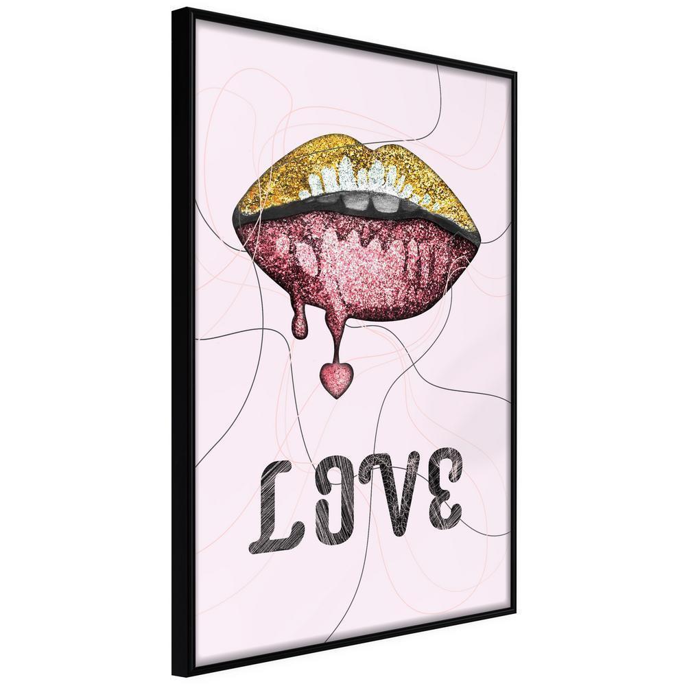 Typography Framed Art Print - Lip Gloss and Love-artwork for wall with acrylic glass protection