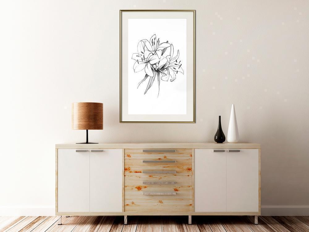 Black and White Framed Poster - Sketch of Lillies-artwork for wall with acrylic glass protection