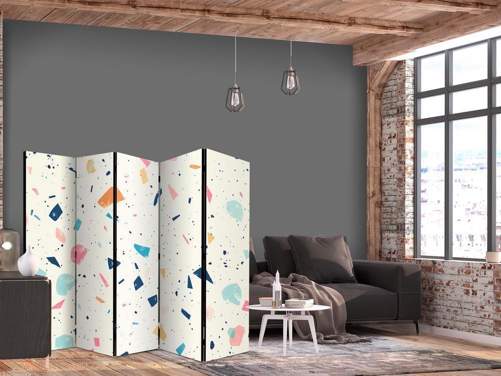 Room Divider - Terrazzo with Multicolored - Large Elements - Cheerful Pattern on a Light Background- A 5 Panel Folding Screen For Living rooms, bedrooms or home office, decorative folding screen made with wood and canvas