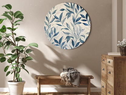 Round Canvas Print - Leaves in Blue Colors Delicate Botanical Motif