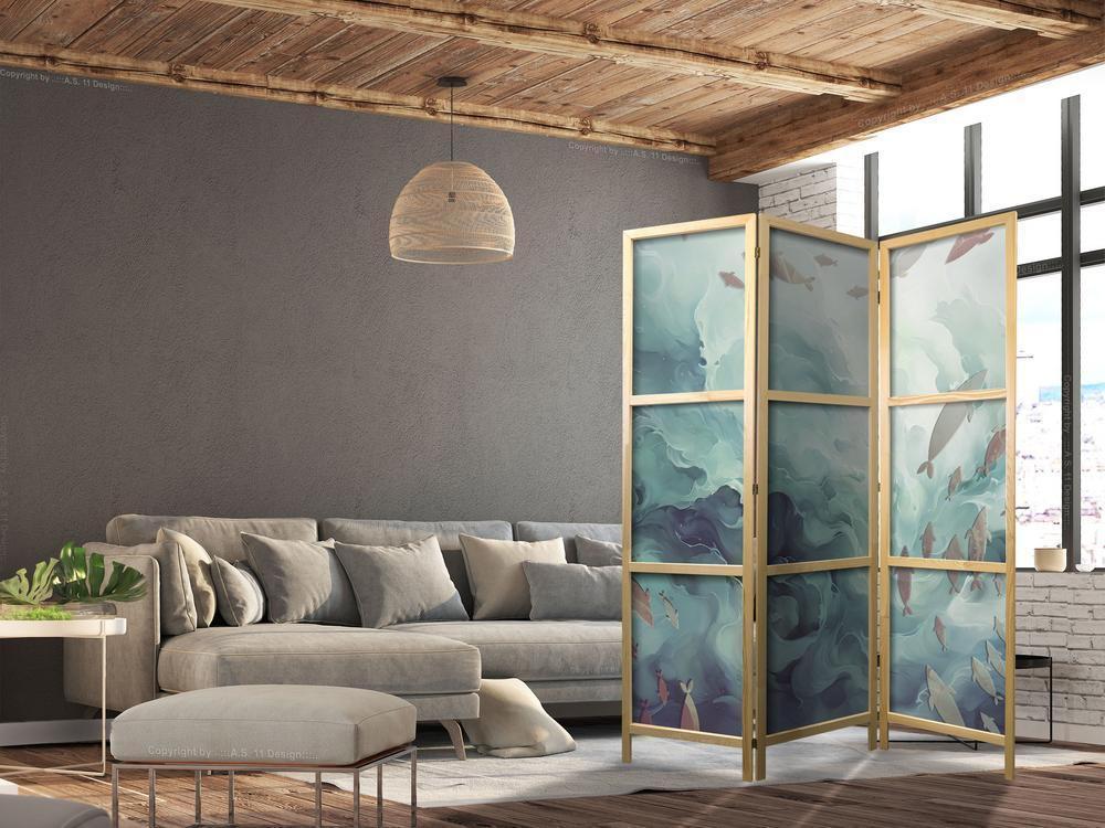 Japanese Room Divider - Three Schools of Fish - Fish in Muted Colors Swimming in Groups in Oceanic Depths