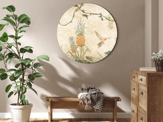 Circle shape wall decoration with printed design - Round Canvas Print - Tropics in muted colors - Parrots and pineapples amidst lush exotic flora in soft shades of green/Parrots in the jungle - ArtfulPrivacy