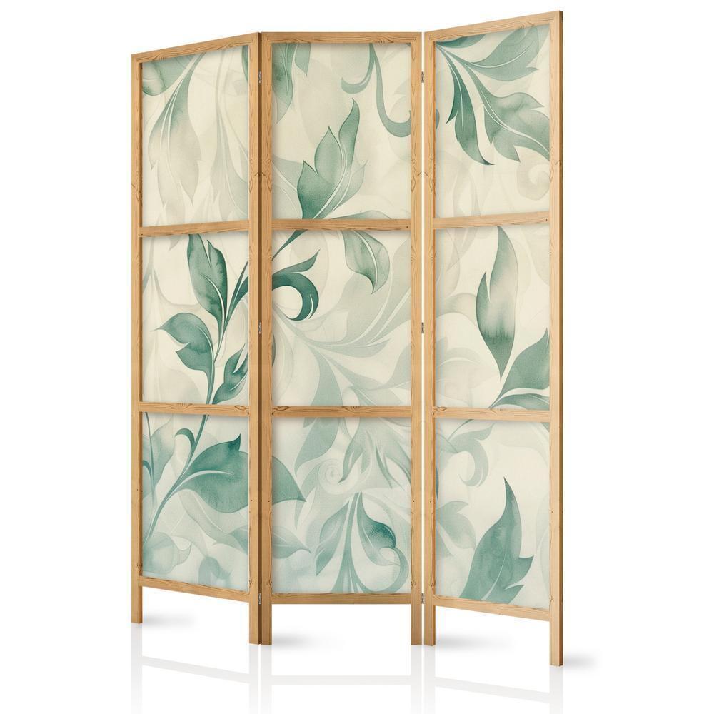 Japanese Room Divider - Watercolor Botanical Motif - Delicate Green-Beige Leaves