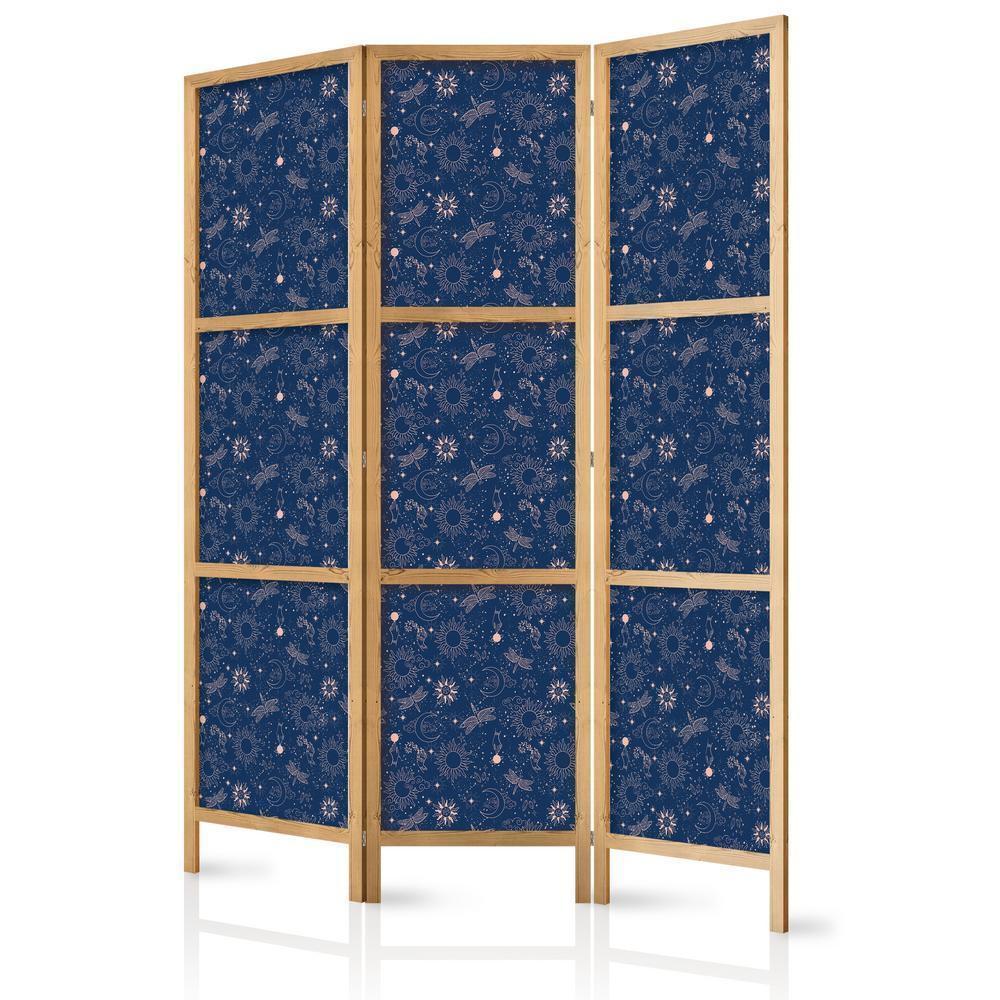 Japanese Room Divider - Cosmic Fantasy - Pattern with Suns - Moons - and Dragonflies on a Dark Background