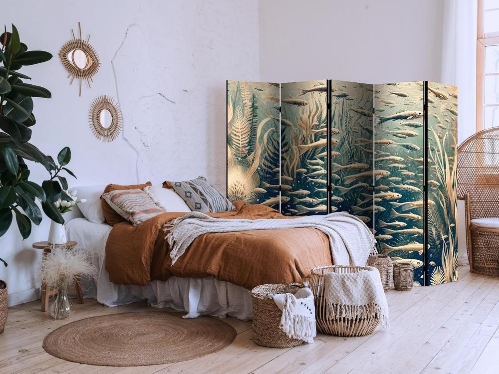 Room Divider - Life in The Ocean - Underwater World of Fish And Vegetation in Beige And Navy Colors in Retro Style- A 5 Panel Folding Screen For Living rooms, bedrooms or home office, decorative folding screen made with wood and canvas