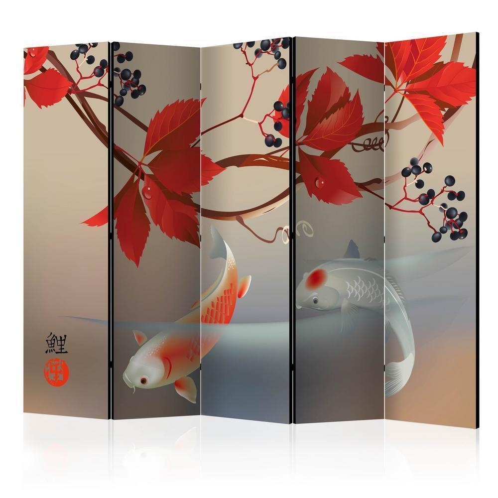 Room Divider - Happy Fish II- A 5 Panel Folding Screen For Living rooms, bedrooms or home office, decorative folding screen made with wood and canvas