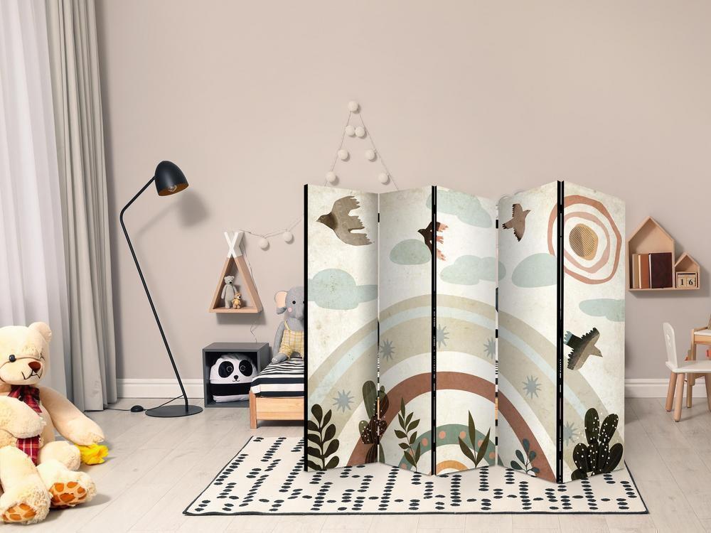 Room Divider - Sun Above the Rainbow - Birds in Subdued Colors Flying Among Clouds Above a Rainbow and Vegetation on a Light Beige Background- A 5 Panel Folding Screen For Living rooms, bedrooms or home office, decorative folding screen made with wood and canvas