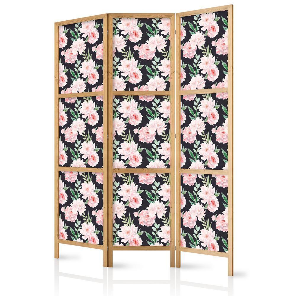 Japanese Room Divider - Peonies - Pink Flowers and Green Leaves on a Graphite Background