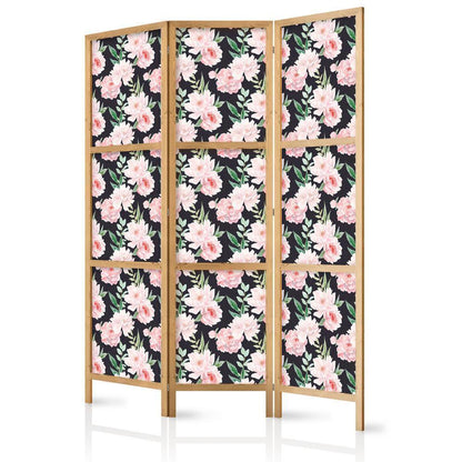 Japanese Room Divider - Peonies - Pink Flowers and Green Leaves on a Graphite Background