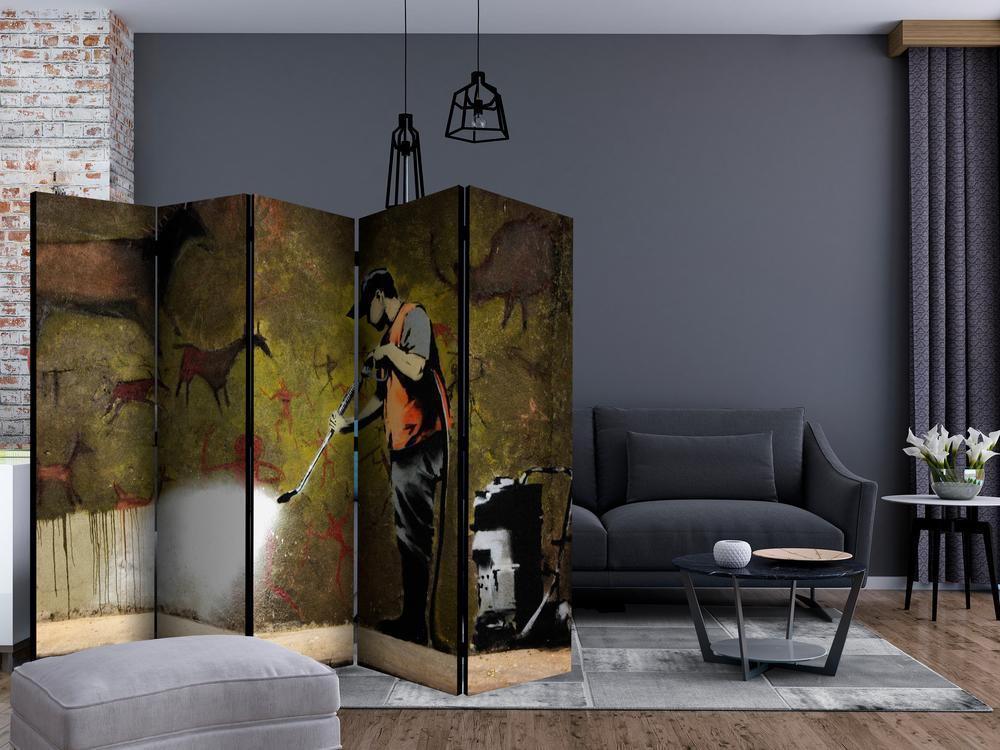 Room Divider - Banksy - Cave Painting II- A 5 Panel Folding Screen For Living rooms, bedrooms or home office, decorative folding screen made with wood and canvas