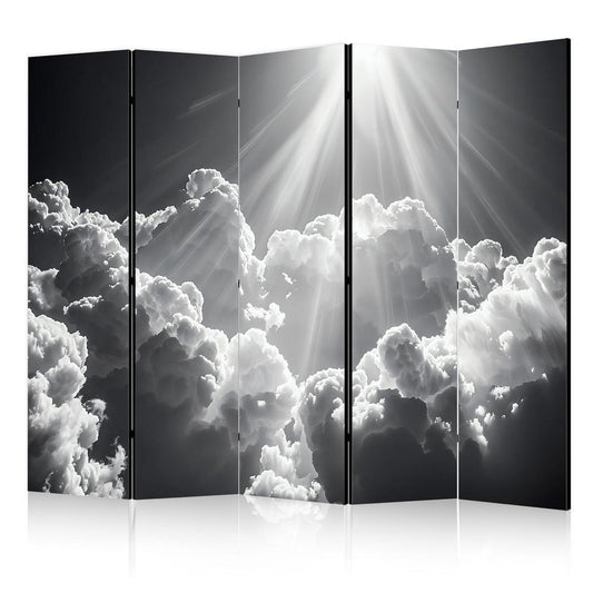 Room Divider - Hope in the Clouds: Inspiring Rays of the Sun – Awaken Emotions- A 5 Panel Folding Screen For Living rooms, bedrooms or home office, decorative folding screen made with wood and canvas