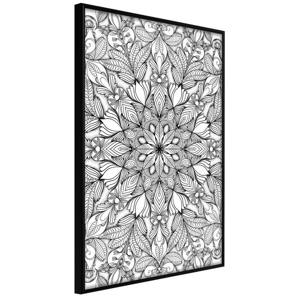 Black and White Framed Poster - Colourless Mandala-artwork for wall with acrylic glass protection