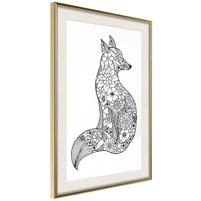 Black and White Framed Poster - Openwork Fox-artwork for wall with acrylic glass protection