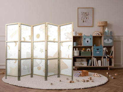 Japanese Room Divider - Fairy-Tale Galaxy - Moon phases in shades of yellow among stars in beige and ash colors with stardust