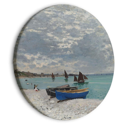 Circle shape wall decoration with printed design - Round Canvas Print - Sainte-Adresse Beach Claude Monet - Boats on the Seashore - ArtfulPrivacy