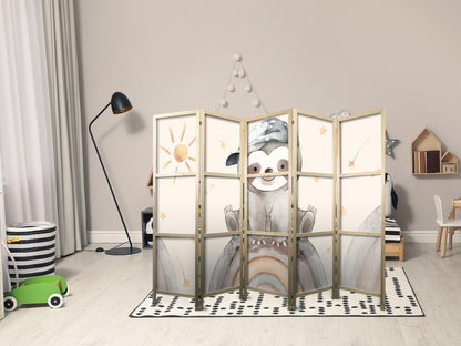 Japanese Room Divider - Happy Sloth - Sloth in muted colors - wearing a cap - sitting on a rainbow among the stars