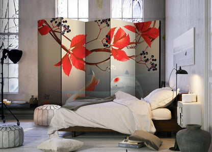 Room Divider - Happy Fish II- A 5 Panel Folding Screen For Living rooms, bedrooms or home office, decorative folding screen made with wood and canvas