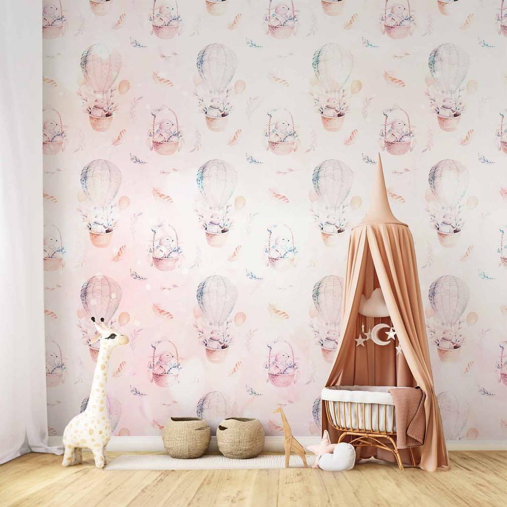 Wall Mural - Solid pattern with feathers - hares in a basket and in a balloon for children