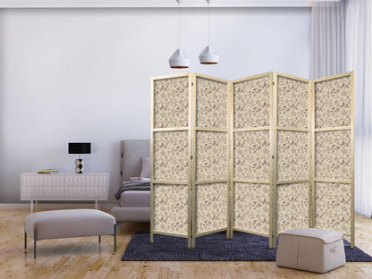 Japanese Room Divider - Beige Nature of the Forest - Mushrooms Flowers and Herbs on a Light Background