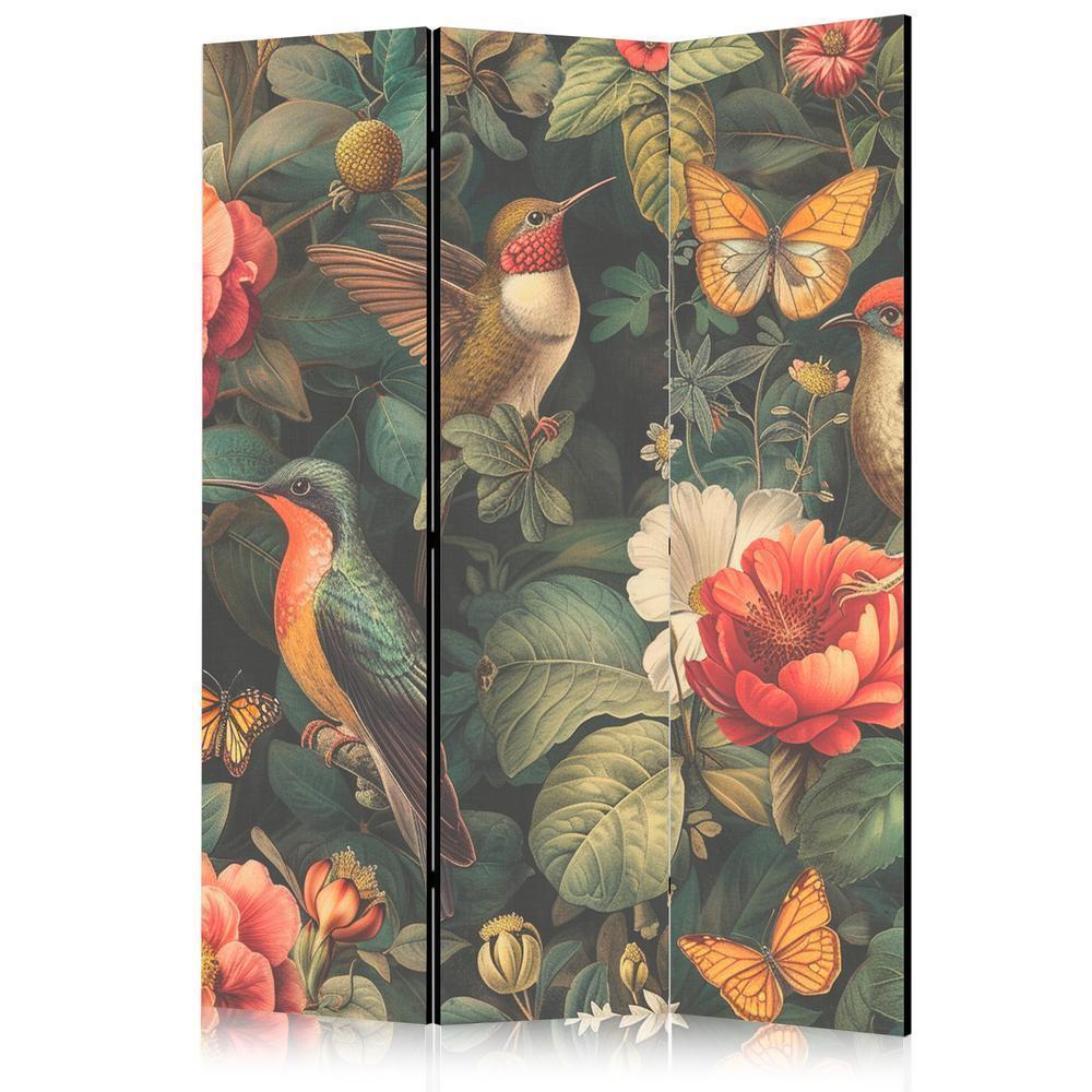 Room Divider - In the Botanical Garden - Flowers Birds and Butterflies - Colorful Illustration