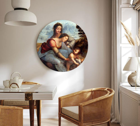 Circle shape wall decoration with printed design - Round Canvas Print - The Virgin and Child with Saint Anne (Leonardo da Vinci) - ArtfulPrivacy