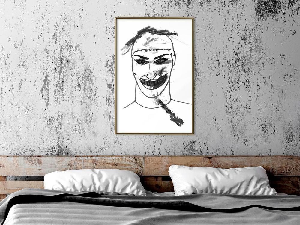 Black and White Framed Poster - Scary Clown-artwork for wall with acrylic glass protection