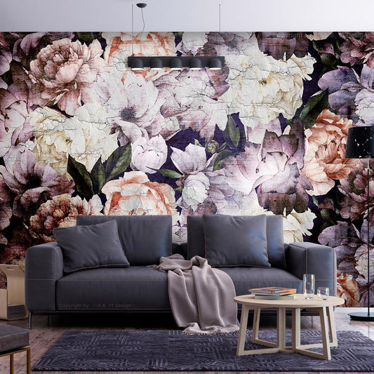Wall Mural - Plant motif with peonies in a garden - retro style flower background-Wall Murals-ArtfulPrivacy