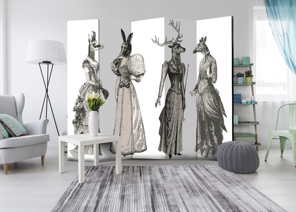 Room Divider - Chic Zoo II- A 5 Panel Folding Screen For Living rooms, bedrooms or home office, decorative folding screen made with wood and canvas