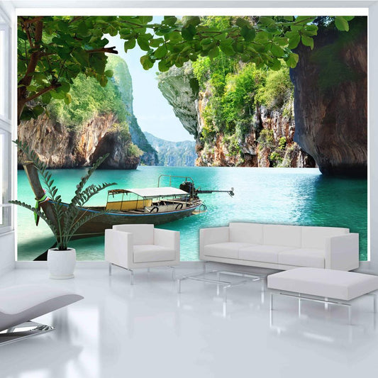 Wall Mural - Abandoned Boat - Tropical Landscape with a Boat amidst Rocky Cliffs-Wall Murals-ArtfulPrivacy