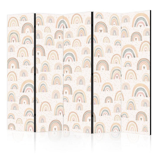 Room Divider - Spring - Pastel Rainbows on a Rainy Day with Hearts- A 5 Panel Folding Screen For Living rooms, bedrooms or home office, decorative folding screen made with wood and canvas