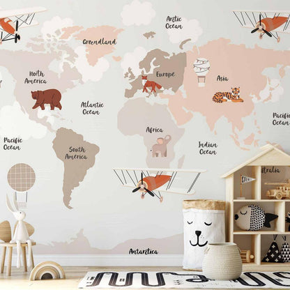 Wall Mural - Map in Shades of Beige - Continents With Animals