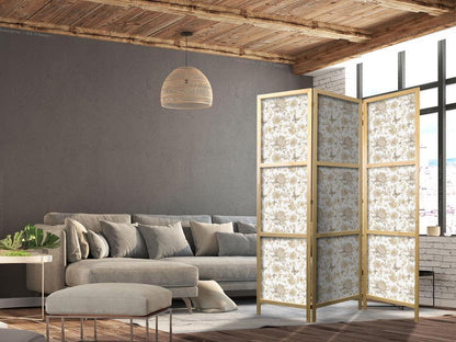 Japanese Room Divider - Beige Shades of Nature - Flowers and Butterflies on a White Background - Illustration