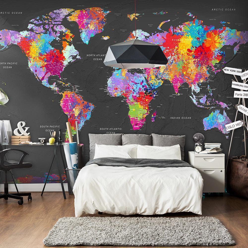 Wall Mural - World map - coloured continents with names in English on a grey background-Wall Murals-ArtfulPrivacy